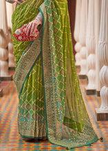 Load image into Gallery viewer, Olive Green Leheriya Printed Georgette Saree with Gota Patti work