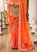 Carica l'immagine nel visualizzatore Galleria,Portland Orange Leheriya Printed Georgette Saree with Gota Patti work