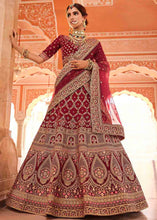 Load image into Gallery viewer, Maroon Red Velvet Lehenga Choli with Zari, Zarkan, Thread &amp; Zardosi work