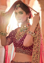 Load image into Gallery viewer, Maroon Red Velvet Lehenga Choli with Zari, Zarkan, Thread &amp; Zardosi work
