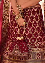 Load image into Gallery viewer, Maroon Red Velvet Lehenga Choli with Zari, Zarkan, Thread &amp; Zardosi work