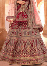 Load image into Gallery viewer, Maroon Red Velvet Lehenga Choli with Zari, Zarkan, Thread &amp; Zardosi work