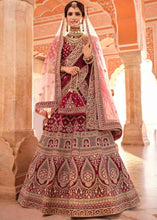 Load image into Gallery viewer, Maroon Red Velvet Lehenga Choli with Zari, Zarkan, Thread &amp; Zardosi work