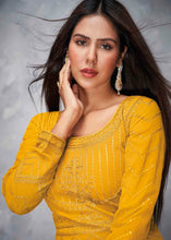 Load image into Gallery viewer, Canary Yellow Embroidered Georgette Anarkali Suit