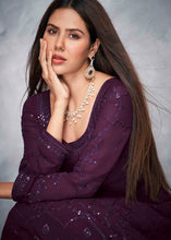 Load image into Gallery viewer, Eggplant Purple Embroidered Georgette Anarkali Suit