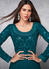 Load image into Gallery viewer, Prussian Blue Embroidered Georgette Anarkali Suit