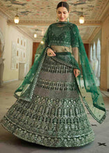 Load image into Gallery viewer, Bottle Green Soft Net Lehenga Choli with Dori &amp; Mirror work