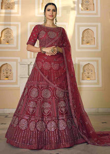 Burgandy Red Soft Net Lehenga Choli with Dori & Mirror work