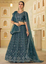 Load image into Gallery viewer, Rama Blue Soft Net Lehenga Choli with Dori &amp; Mirror work