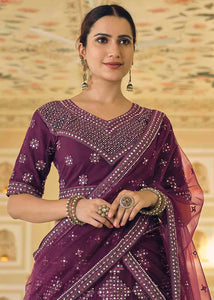 Byzantine Purple Soft Net Lehenga Choli with Dori & Mirror work