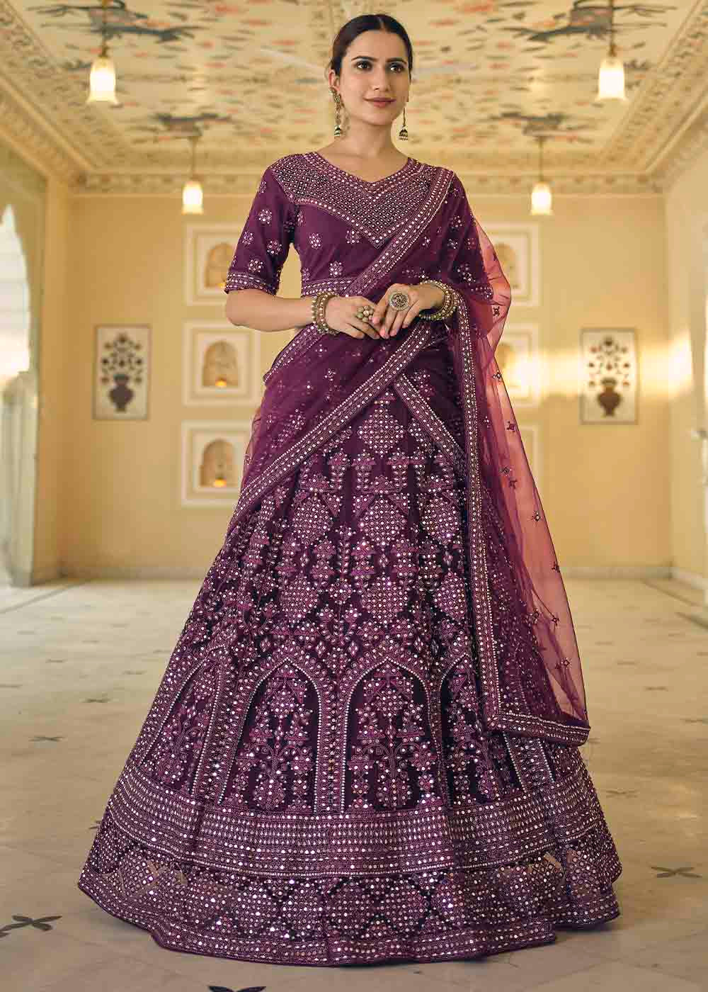 Byzantine Purple Soft Net Lehenga Choli with Dori & Mirror work
