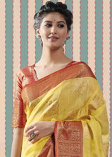 Load image into Gallery viewer, Cadmium Yellow Zari Woven Linen Silk Saree
