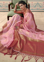Load image into Gallery viewer, Lemonade Pink Zari Woven Linen Silk Saree