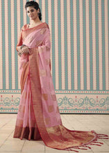 Load image into Gallery viewer, Lemonade Pink Zari Woven Linen Silk Saree