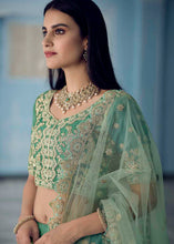 Load image into Gallery viewer, Turquoise Green Organza Lehenga Choli with Dori,Zari, Zarkan &amp; Sequins work
