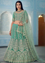 Load image into Gallery viewer, Turquoise Green Organza Lehenga Choli with Dori,Zari, Zarkan &amp; Sequins work
