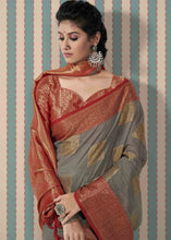 Load image into Gallery viewer, Ash Grey Zari Woven Linen Silk Saree