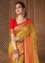 Load image into Gallery viewer, Dandelion Yellow Woven Silk Saree with Contrast Border &amp; Blouse