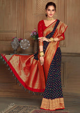 Load image into Gallery viewer, Navy Blue Woven  Silk Saree with Contrast Border &amp; Blouse