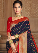 Load image into Gallery viewer, Navy Blue Woven  Silk Saree with Contrast Border &amp; Blouse
