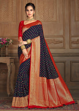 Load image into Gallery viewer, Navy Blue Woven  Silk Saree with Contrast Border &amp; Blouse