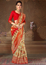Load image into Gallery viewer, Parchment White Woven Silk Saree with Contrast Border &amp; Blouse