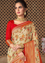 Load image into Gallery viewer, Parchment White Woven Silk Saree with Contrast Border &amp; Blouse