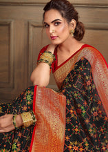 Load image into Gallery viewer, Onyx Black Woven Silk Saree with Contrast Border &amp; Blouse