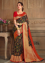 Load image into Gallery viewer, Onyx Black Woven Silk Saree with Contrast Border &amp; Blouse