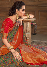 Load image into Gallery viewer, Greenish Grey Woven Silk Saree with Contrast Border &amp; Blouse