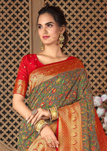 Load image into Gallery viewer, Greenish Grey Woven Silk Saree with Contrast Border &amp; Blouse