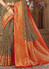 Load image into Gallery viewer, Greenish Grey Woven Silk Saree with Contrast Border &amp; Blouse