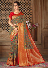 Load image into Gallery viewer, Greenish Grey Woven Silk Saree with Contrast Border &amp; Blouse