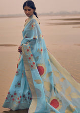 Carica l&#39;immagine nel visualizzatore Galleria,Azure Blue Woven Linen Silk Saree with Floral Motif on Pallu and Border