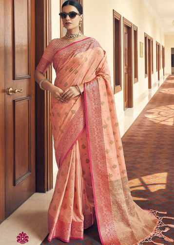 Peach Pink Zari Woven Tussar Silk Saree