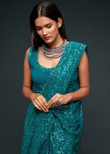 Laden Sie das Bild in den Galerie-Viewer, Dark Teal Blue Sequins &amp; Thread Embroidered Designer Georgette Saree