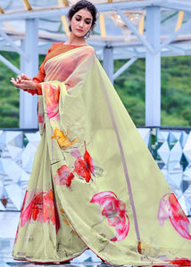 Chinoise Green Floral Handprinted Organza Silk Saree