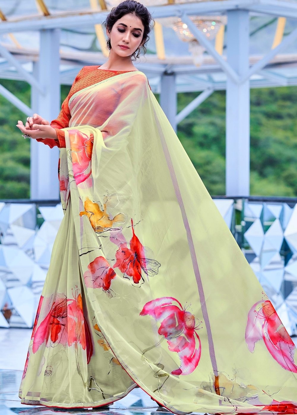 Chinoise Green Floral Handprinted Organza Silk Saree