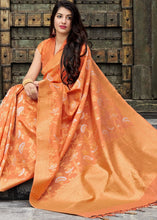 Carica l&#39;immagine nel visualizzatore Galleria,Apricot Orange Banarasi Silk Floral Motif Saree with Golden Border and Pallu