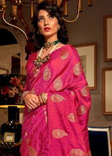 Load image into Gallery viewer, Ruby Pink Satin Woven Silk Saree with overall Golden Buti