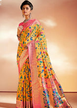 Load image into Gallery viewer, Saffron Yellow Woven Banarasi Paithani Silk Saree