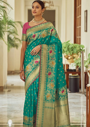 Tiffany Blue Zari Butta Woven Banasari Silk Saree