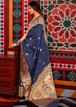 Cargar imagen en el visor de la galería, Denim Blue Zari Woven Paithani Silk Saree