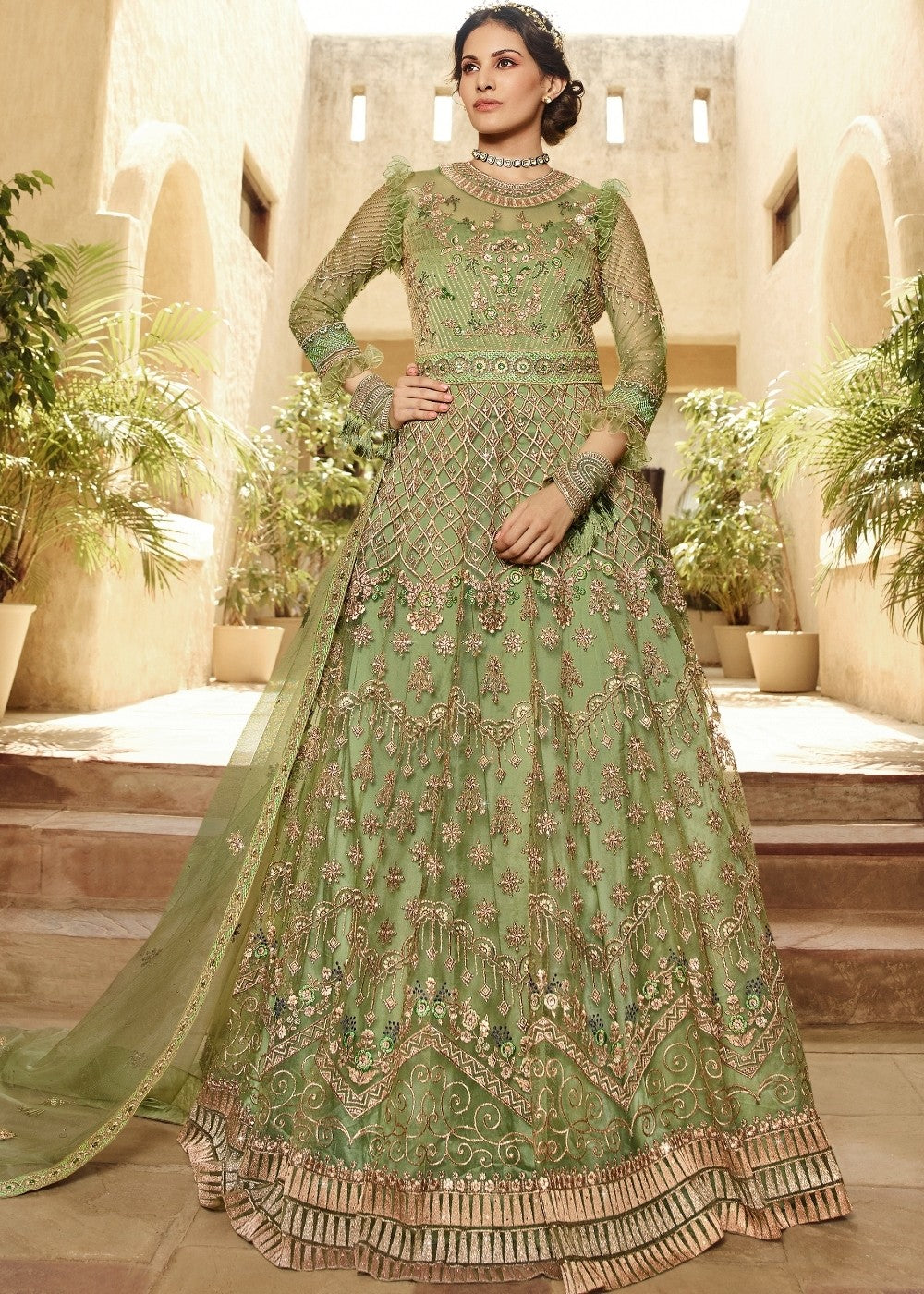 Green Heavy Embroidered Net Anarkali