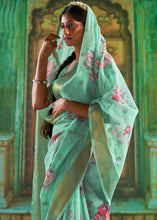 Laden Sie das Bild in den Galerie-Viewer, Caribbean Green Zari Woven Linen Silk Saree Having Floral Digital Print