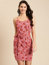 Load image into Gallery viewer, Speghetti Strap printed mini dress with waist tie