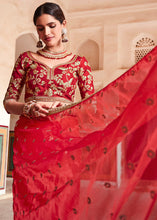 Load image into Gallery viewer, Candy Red Organza Saree with Zari, Sequins &amp; Dori work