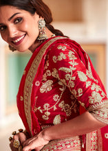 Load image into Gallery viewer, Candy Red Organza Saree with Zari, Sequins &amp; Dori work