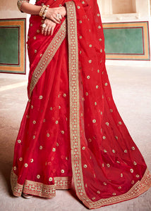 Candy Red Organza Saree with Zari, Sequins & Dori work