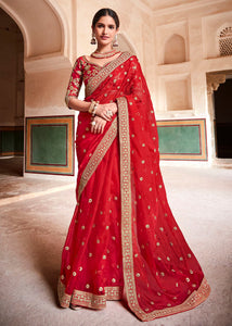 Candy Red Organza Saree with Zari, Sequins & Dori work